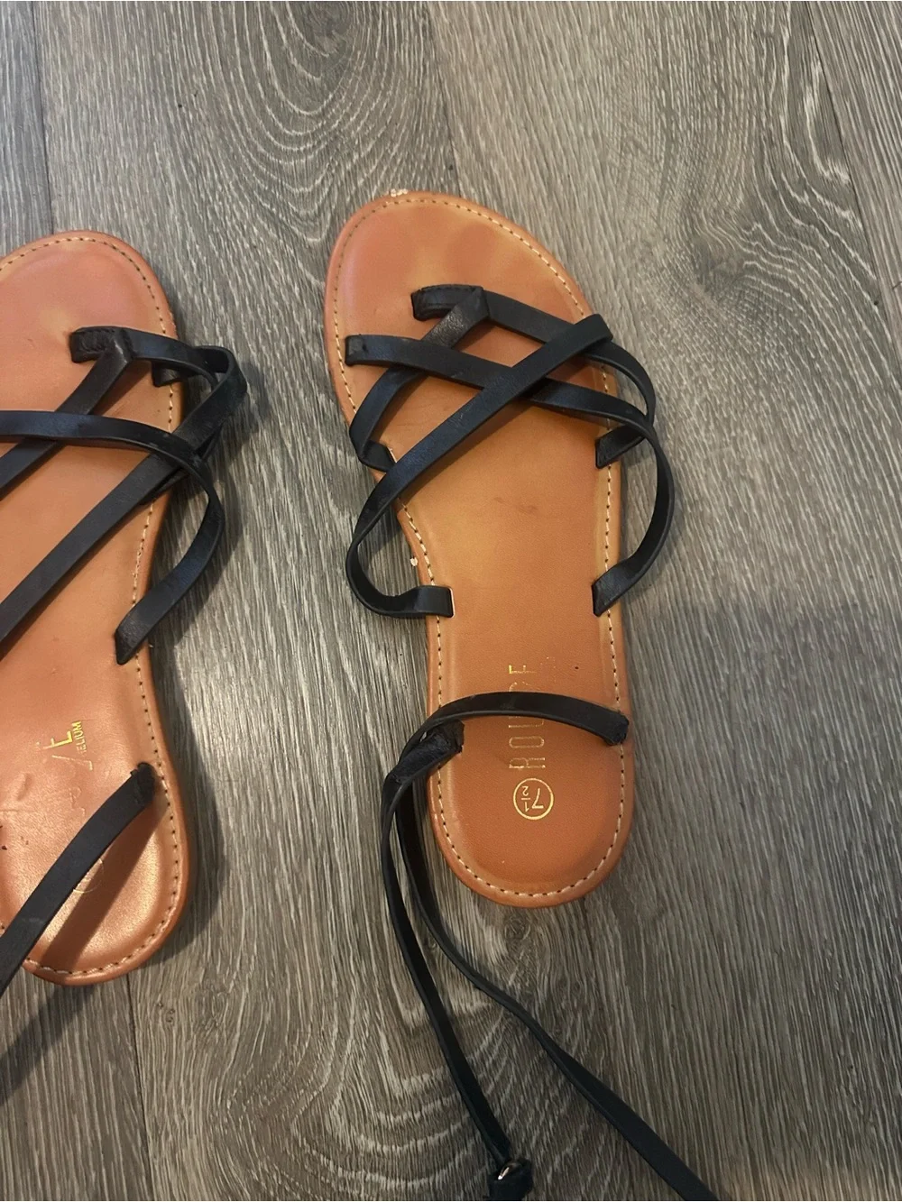 Women’s Black Strappy Lace-Up Flat Sandals with Tan Footbed